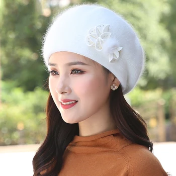 Moterų Beretė Angoros megzti Skrybėlę Žiemą Šiltas galvos Apdangalai, Gėlių Atsitiktinis Minkštas Dvigubas Sluoksnių Šiluminės Sniego Lauko Priedų