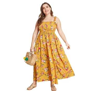 Naujas Elegantiškas Moterų Suknelė Gėlių Spausdinti Geltonos spalvos Medvilnės didelio Dydžio, Suknelė 4XL Vasaros Diržas moterų plius dydžio Panele Paplūdimio Vestidos Dreses