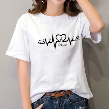 Naujas Harajuku baltos spalvos Marškinėlius Creative Muzikos Pažymi, Spausdinimas marškinėliai Atsitiktinis Viršūnės Vasarą trumpomis Rankovėmis Moterų marškinėliai Moterims Drabužių