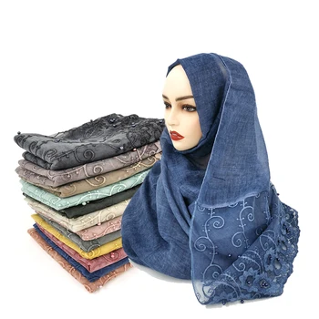 NAUJŲ gėlių siuvinėjimo nėrinių perlai šalikas hijab paprasto šalikai ir skara minkštas moterų mados musulmonų šalikas islamo hijabs karšto pardavimo