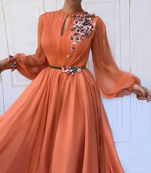 Oranžinė vakarinės Suknelės 2019-Line Šifono Musulmonų Dubajus, Saudo arabų ilgomis Rankovėmis Vakare Gown Promenadzie Suknelė Baigimo Šalis