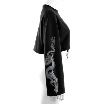 Pasėlių Viršuje Moterų 2020 M. Rudenį Palaidinukė Dragon Spausdinti Ilgomis Rankovėmis Korėjos Mados Megztinis Juodas Atsitiktinis Gotikos Streetwear Hoodies