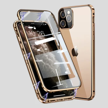 Prabanga Aikštėje Magnetinio Adsorbcijos Atveju ant iPhone 12 mini Pro 11 xs Max x xr Metalo Bamperis Dvipusis Stiklo Apsauginis Dangtelis