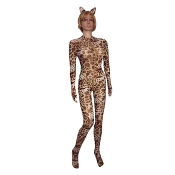 Sexy Moteris Atvira Tarpkojo Bodysuit Long Zip Leopard Gyvūnų Spausdinti Catsuit Katė Moters Vaidmuo Žaisti Seksualus Kostiumas