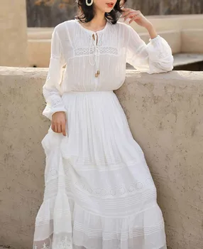 TEELYNN boho ilgomis rankovėmis maxi suknelės moterims rudens apdaras 2020 m. derliaus baltos spalvos gėlių siuvinėjimas nėrinių suknelė lady šalies vestidos