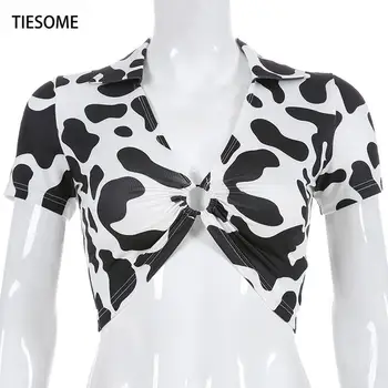TIESOME Karvė Modelis T-shirt Seksualus Slim Trumpas Viršūnes Tee Moterų V-kaklo Turn-žemyn Apykaklės Viršaus 2020 Metų Vasaros trumpomis Rankovėmis Moterims Topai Tee