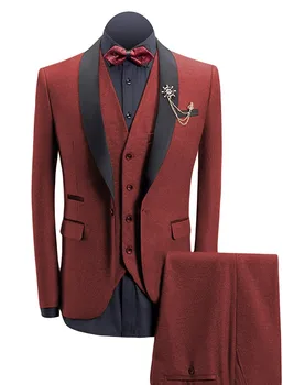 Vyrai individualų užsakymą Slim Fit Raudona Kostiumai Vyrams Retro Vilnos Rudos spalvos Tvido Vestuvių Suknelė Atvartas Mens 3 dalių kostiumėlį (Sportiniai švarkai (bleizeriai)+Liemenė+kelnės)