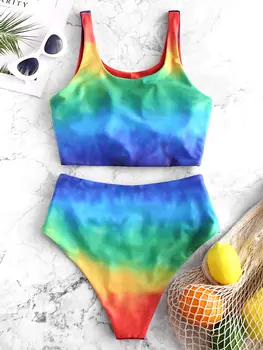 ZAFUL Kaklaraištis Dažų Mazgas Aukšto Juosmens Tankini maudymosi kostiumėlį Dviejų dalių maudymosi Kostiumėliai Moterims, Push Up Sexy Maudymosi Kostiumą Vaivorykštė Feme Bikini Komplektas 2021