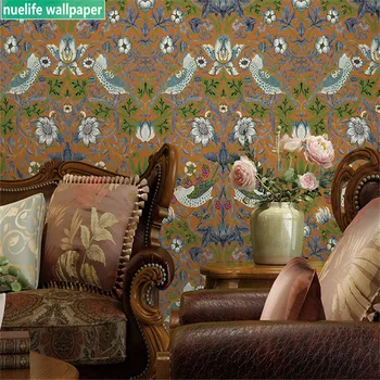 0.53x10m Kinų stiliaus rudos spalvos gėlių ir paukščių modelio tapetai svetainė, miegamasis, valgomasis, sofa-lova, TV foną, sienos popieriaus