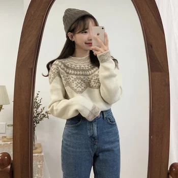 2 spalvų 2019 žiemos korėjos stilius derliaus christimas sniego šiltas megzti moteriški megztiniai megztiniai ir puloveriai (C9185)