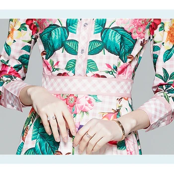 2020 kilimo ir tūpimo Tako Rudenį Pasukite žemyn Apykaklės Suknelė Moterims Prabanga Juoda Rožinės spalvos Pledas Gėlių Spausdinti ilgomis Rankovėmis Elegantiška Vintage Midi Suknelė