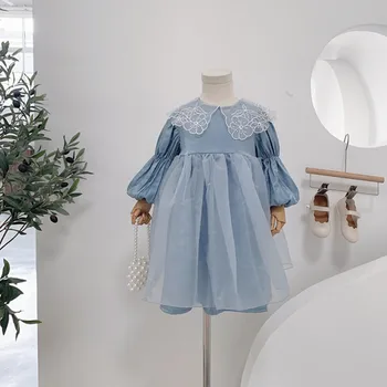 2020 m. Rudenį Kūdikių Mergaičių Kratinys Akių korėjos Stiliaus Suknelė ilgomis Rankovėmis Akių Gėlių atvartas Apykaklės Princesė Dress Vaikams Mielas Suknelė
