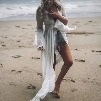 2020 Naujas Padengti-ups Vasaros Moterų Paplūdimio Drabužiai Baltos Medvilnės Tunika Suknelė Bikini Vonia Sarongas Įvyniojimas Sijonas maudymosi kostiumėlį Padengti Iki