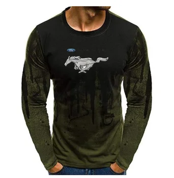 2020Autumn ilgomis Rankovėmis marškinėliai Vyrams Gradiento Spalvos Ford Mustang Spausdinti Sporto Marškinėliai, Viršuje Atsitiktinis Hiphop Streetwear T-shirt