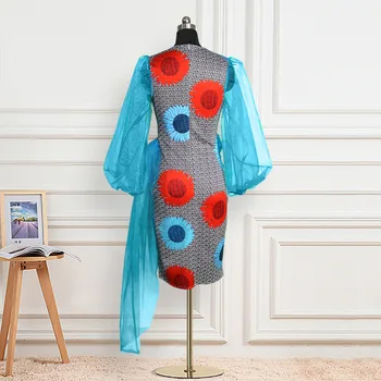 2XL Plius Dydis Afrikos Mados Šalis Suknelė Moterims Gėlių Spausdinti Mėlyna Akių Žibintų Rankovės Elegantiškas Vakaras Seksualus Bodycon Suknelės 2020 m.