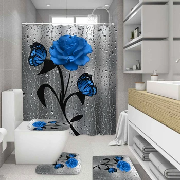 3D Vonios kambarys Nustatyti Vandens Lašas Rožių Drugelis Spausdinti Dušo Užuolaidos Ne Slydimo Pjedestalo Kilimas Tualeto Dangčio Padengti Vonia, kiliminė danga, Grindų Kilimėlis