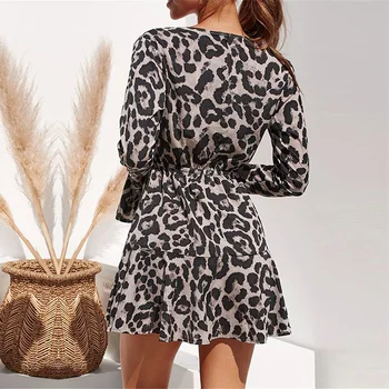 Aachoae Moterų Vasaros Suknelė Leopardas Spausdinti Boho Paplūdimio Suknelės Atsitiktinis Pynimas ilgomis Rankovėmis-line Mini Šalis Suknelė Vestidos