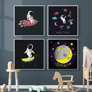 Animacinių filmų Raketų Astronautai vaikų Darželio Sienos Nuotrauka Plakato spauda Berniukas Miegamojo Sienos Meno Nuotraukas Kambarį Namų Dekoro (be Rėmelio)