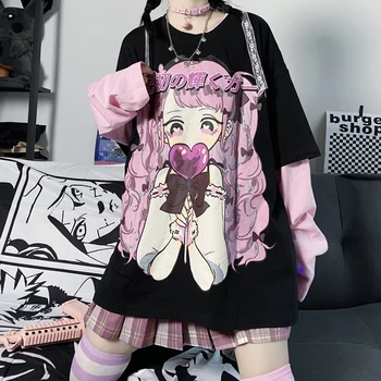 Anime Mergina Spausdinti Moterų Viršūnių 2021 M. Pavasario Vasaros Prarasti False Dviejų dalių Gotikos Stiliaus Japonų Long Sleeve T-shirt Kawaii Studentas