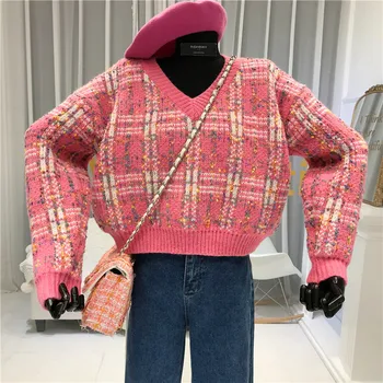 Apkarpytos V-Kaklo Moterų Megztinis Ponios Žiemos Megzti High Street Pledas, Apelsinų Geltonasis Pink Moteriški Naują Atvykimo Megztiniai 2020 M.