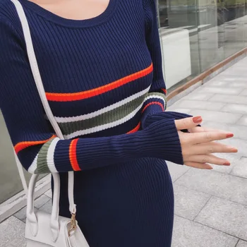 B825-2019 m. rudenį temperamentas apvalios kaklo juostele spalvų stora paketo klubo megztas megztinis-suknelė