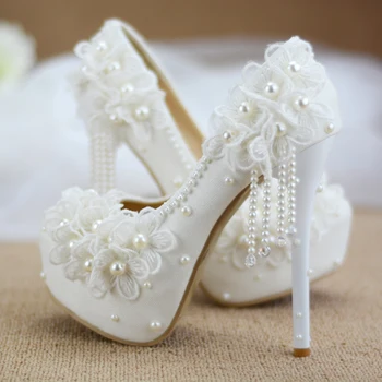 Bridesmaid, batai vestuvių suknelė balta nėrinių saldus gėlių kutas moterų moteriški batai 6cm 8cm 11cm 14cm aukšto kulno Didelis dydis 43