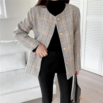 CBAFU korėja prarasti tvido švarkas vilnoniai paltai moterims ilgomis rankovėmis, o ant kaklo vieno krūtinėmis pledas outwears rudens žiemos drabužių F997