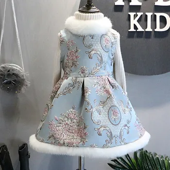 DFXD Žiemos Mergaitės Suknelė Mielas Kūdikis Golfo Kailio Apykakle Gėlių Spausdinti Berankovė Liemenė Šilta Suknelė Suknelė Princesė Merginos Kostiumas