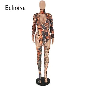 Echoine Rudenį Moterys Leopardas Spausdinti Seksualus Klubas Šalies ilgomis Rankovėmis-line Nereguliarus Mini Suknelė Su Kojinės, Dviejų dalių Komplektas Komplektai
