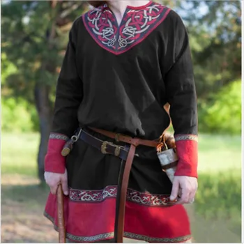 Europos Viduramžių Vikingų ir Piratų Prarasti Palaidinė marškinėliai Riteris Cosplay ilgomis Rankovėmis Drabužius Vyrai Tee Viršūnes Karnavalas Kostiumas Šalis