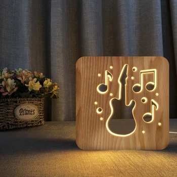 Gitaros Muzikos Įrašus Ragų 3D LED Mediniai Naktį Šviesos Tuščiaviduriai Stalo Lempa USB Power Stalas Žibintai Kūdikių Vaikams Dekoras Naujųjų Metų Dovana
