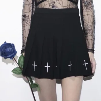 Gotikos New Cross Siuvinėjimo Moterų Mini Sijonas Moterims Aukšto Juosmens Linijos Sijonai Grunge Mergina