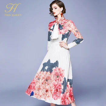 H Han Karalienė Rudens Žiemos Lankas Plisuotos Gėlių Spausdinti Ilga Suknelė Vakare Šalies Bohemijos Suknelės Moterims 2019 Elegantiškas Atsitiktinis Vestidos