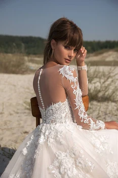 Ilgomis Rankovėmis Bohemijos Nėrinių Vestuvių Suknelės 2021 Appliques Paplūdimio Vestuvių Suknelė Nuogas Tiulio Gėlės Mygtukus Plius Dydžio Nuotakos Suknelė