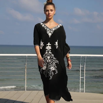 Juodos Medvilnės, Siuvinėta Chalatas, Paplūdimio Cover up Plius dydis Paplūdimio Kaftan Tunika Paplūdimio Pareo Atostogų Kimono Maxi Suknelė Paplūdimio