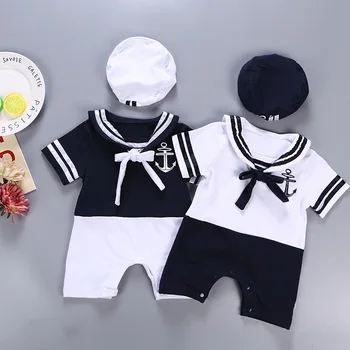 Kūdikis, berniukas, mergaitė medvilnės apranga karinio jūrų laivyno jūreivis stiliaus skrybėlę+romper trumpas rankovės 2vnt nustatyti jumpsuit infantil vasaros gimtadienis drabužius 3-6-12M