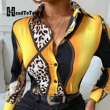 Leopard Kratinys Spausdinti Vintage Mados Marškinėliai Moterims Ilgomis Rankovėmis Pasukite Žemyn Apykaklės Slim Viršūnes Moterims