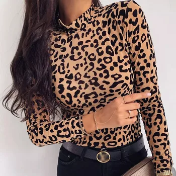 Leopardas spausdinimui O-Kaklo, ilgomis Rankovėmis Viršų Plonas Vasaros T-shirt Seksualus moteriški marškinėliai chemise mujer žvejybos tinklas korėjos Stiliaus Moteris, t-Shirt