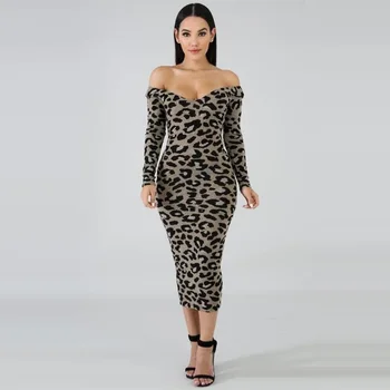 Leopardas Spausdinti Moterų Bodycon Suknelė Sexy V Kaklo Išjungti Peties Ilgomis Rankovėmis Klubo Šalis Suknelės Moteriška Apranga 2020 Ponios Suknelės