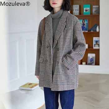 Mozuleva 2020 Japonijos Tinklelis T dvieiliai Kišenės Anglija Stiliaus Moterims Švarkai Žiemos Drabužių Moterims Pledas Moterų Blazers