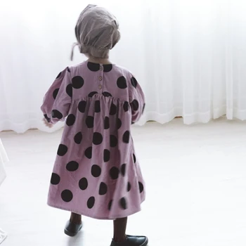 Nauja Vaikų Mergaičių Medvilnės-Lino Dot Korėja Stiliaus Suknelės, 2 spalvų,Gilrs Pavasario/Rudens Drabužių, Aprangos, Vaikams ilgomis Rankovėmis Dot Ilga Suknelė