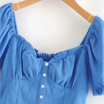 Naujas mados vasaros moterų mėlyna plisuotos single-breasted V-kaklo, juosmens sluoksniuotos rankovėmis susiėmę ruožas trumpos palaidinukės apkarpyti viršūnes