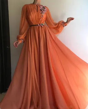 Oranžinė vakarinės Suknelės 2019-Line Šifono Musulmonų Dubajus, Saudo arabų ilgomis Rankovėmis Vakare Gown Promenadzie Suknelė Baigimo Šalis