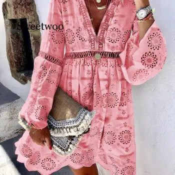 Paplūdimio maudymosi kostiumėlį Suknelė Tunika Rudenį, Vasarą Plius Dydis 2020 M. Rudenį Nėrinių Pure Color Long Sleeve Kratinys Namų drabužiai pižama