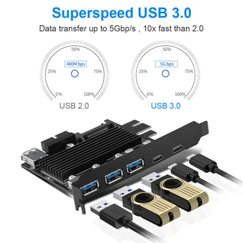 Rocketek USB 3.0 c Tipo PCI-E Išplėtimo Plokštę 5 Uostuose Adapteris, Išorinis Valdiklis Express 19 pin kabelis SATA Maitinimo Jungties Laidas