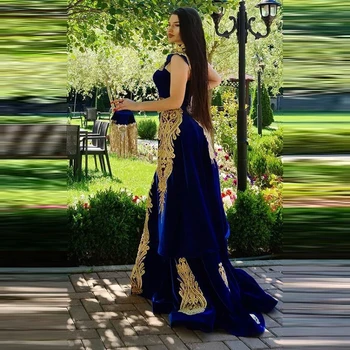 Royal Blue Undinė Aksomo Prom Dresses Aukso Nėrinių Ilgai Vakare Chalatai Maroko Užsakymą Saudo Arabų Rankovių Fromal Suknelė