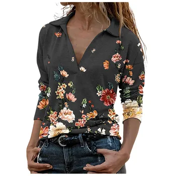 Rudenį 2020 m. Moteris marškinėlius Mados 2020 Gėlių Spausdinti išjunk V-kaklo, ilgomis Rankovėmis Megztinis Viršūnės T-shirt Blusas Mujer De Moda 2020 m.