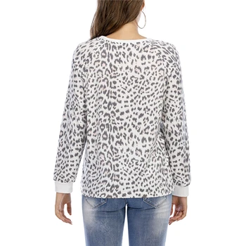 Rudenį Leopard Print Long Sleeve Top, Apvalios Kaklo Laisvi, Baltos Bazės Moterų Megztinis, Namų Atsitiktinis marškinėliai, Lady Sporto Street Wear