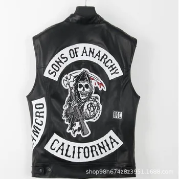 Sons Of Anarchy Siuvinėjimo Odos Rock, Punk Vest Cosplay Kostiumas Juodos Spalvos Motociklo Striukė Be Rankovių