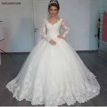 Spalvingas Vien Balto Vestuvių Suknelės 2021 Reljefiniai Puošnios Nėrinių Aplikacijos Ilgomis Rankovėmis Arabų Vestuvių Suknelės